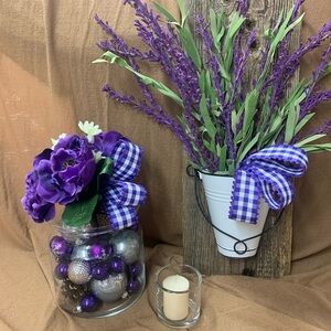 Purple Floral Arrangement with Gingham Ribbon. Inv 484